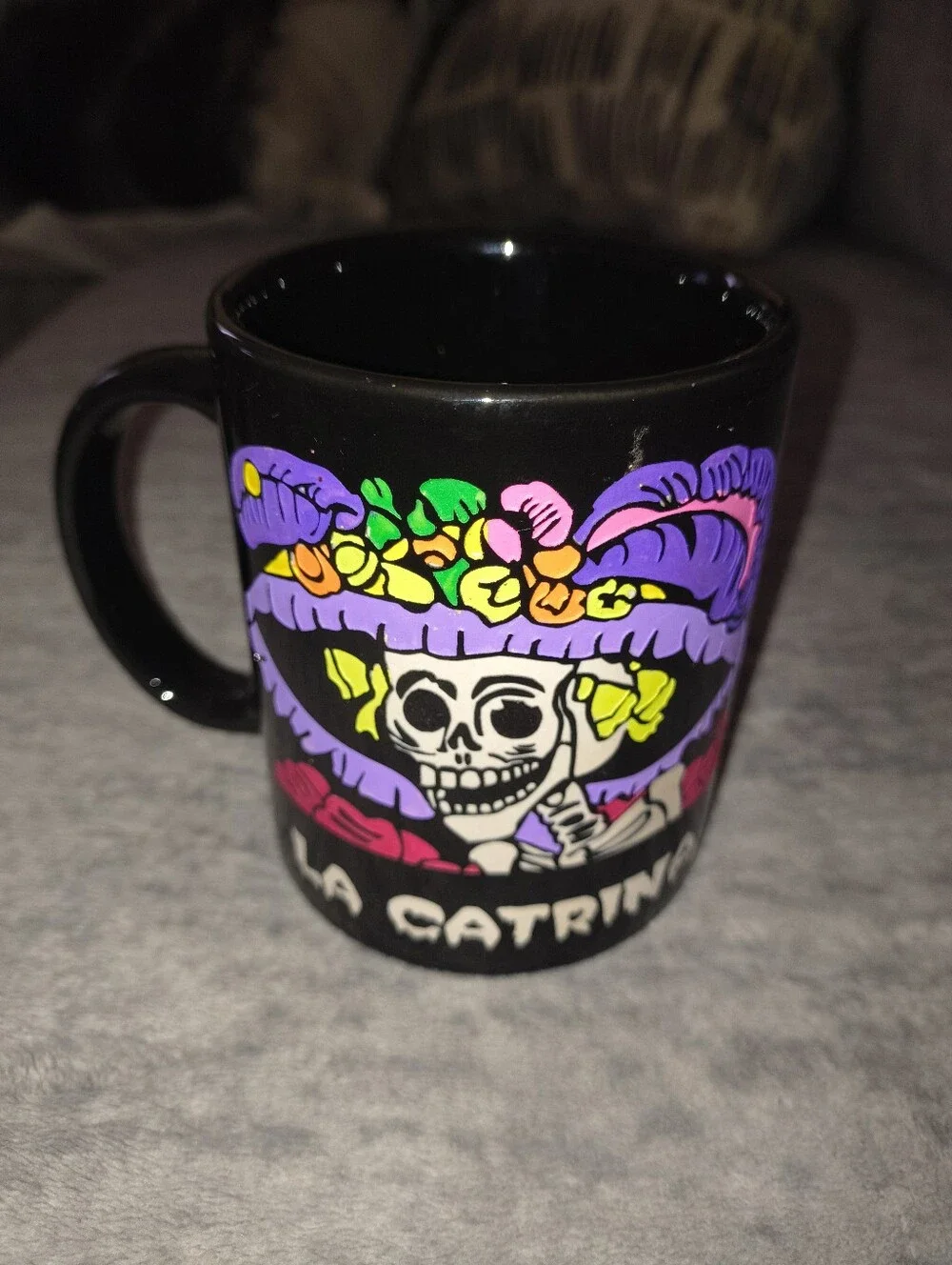 Black 'La Catrina' Skeleton Mug with Colorful Floral Design